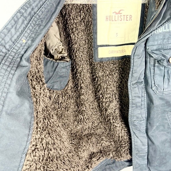 HOLLISTER | 🧥Navy Blue Brown Worn Washed Trim Furry Lining Utility Jacket Coat - Picture 11 of 14